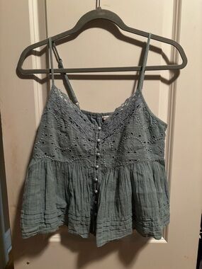 American Eagle Outfitters Lace-Trim Eyelet Button Camisole - Dusty Green